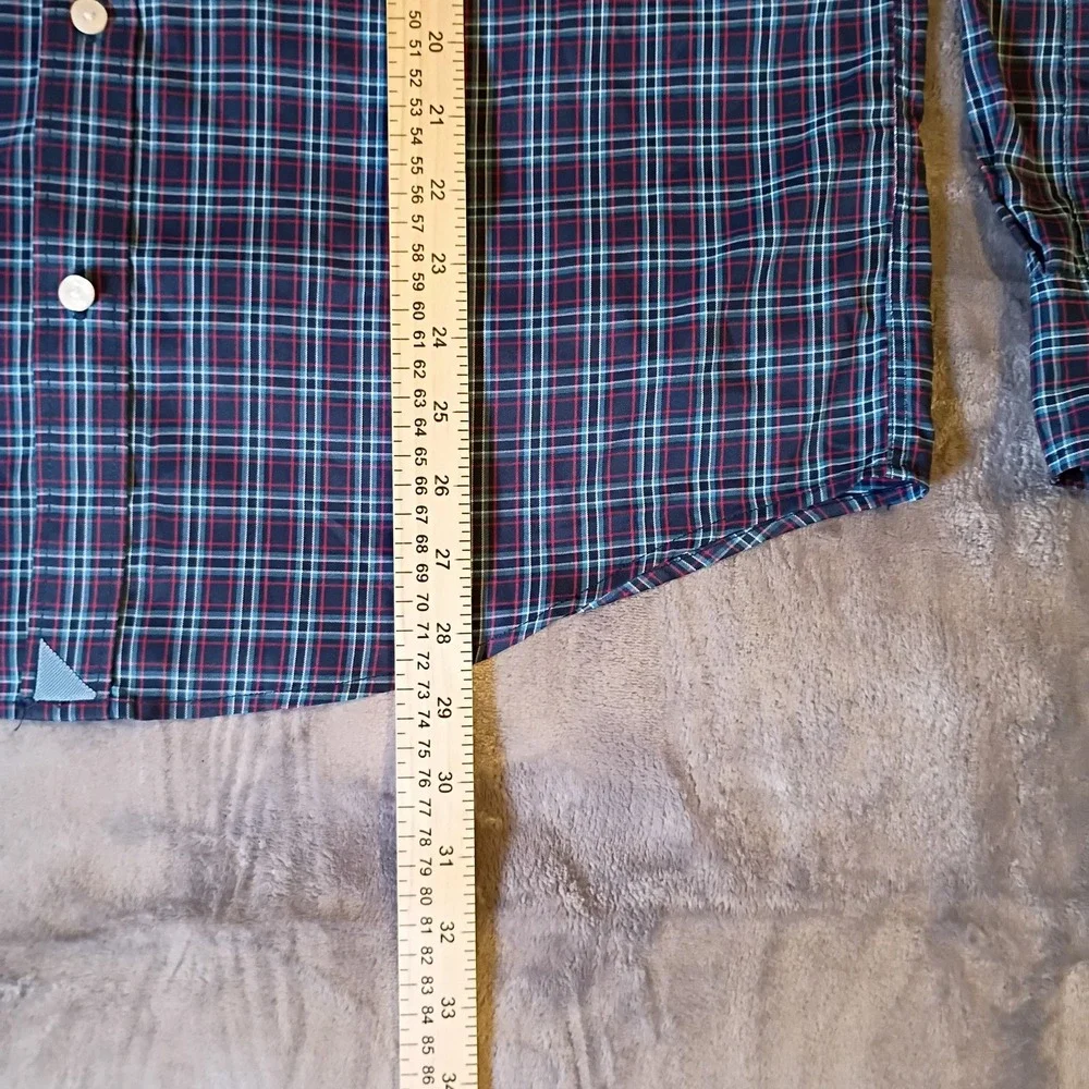UNTUCKit Mens Large Navy Red Plaid Button Down Shirt Polyester Long Sleeve L